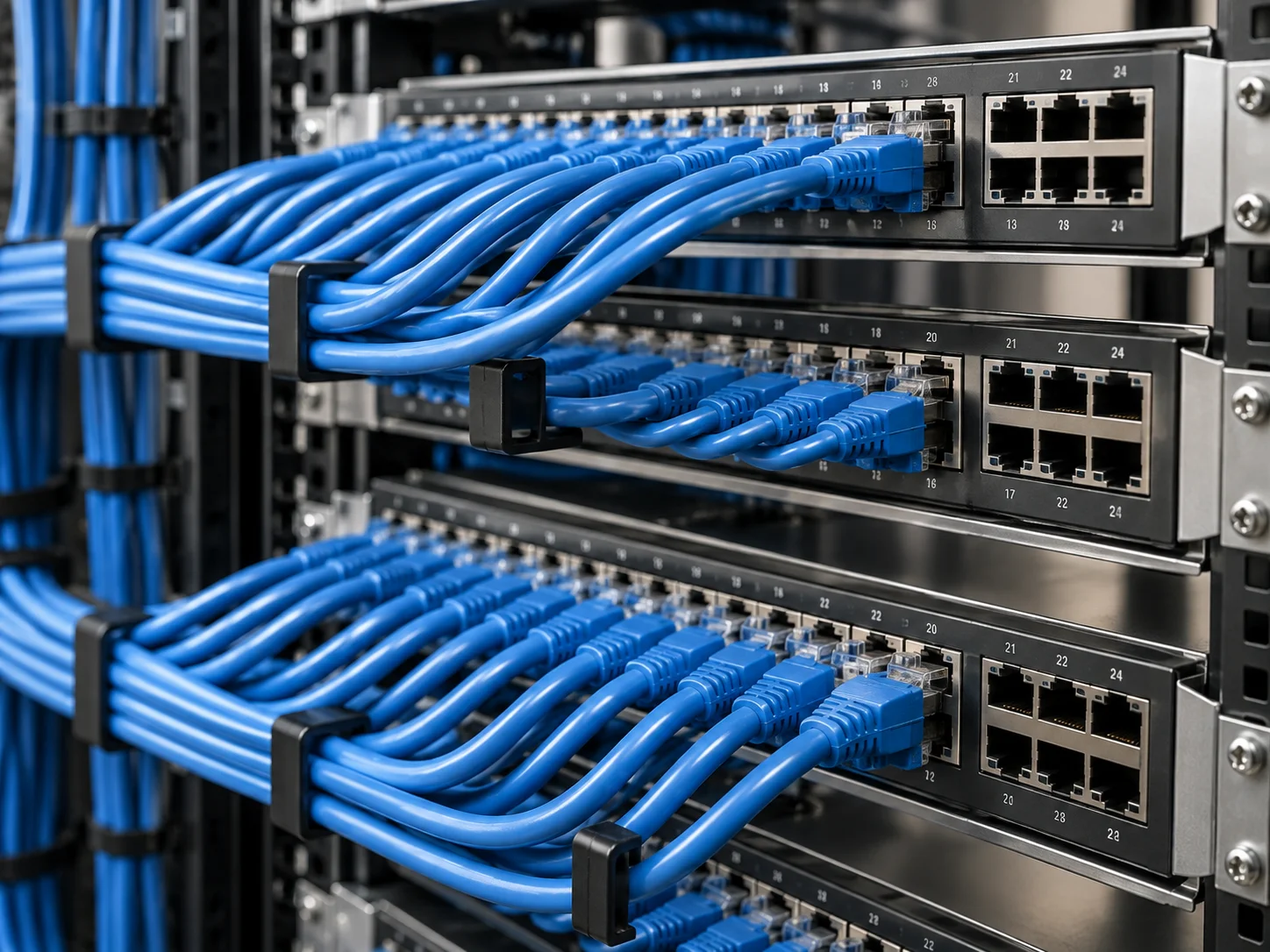 KI-generiert: Netzwerkschrank mit blauen Datenkabeln