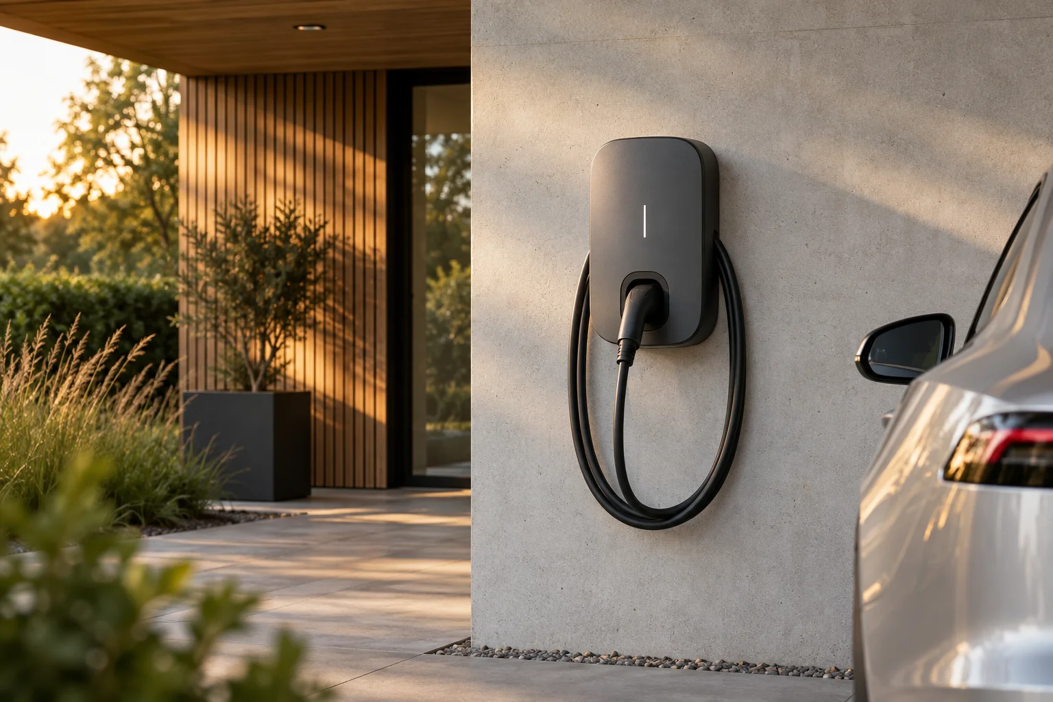 KI-generiert: Wallbox mit Ladekabel an einer Carportwand neben einem Elektroauto